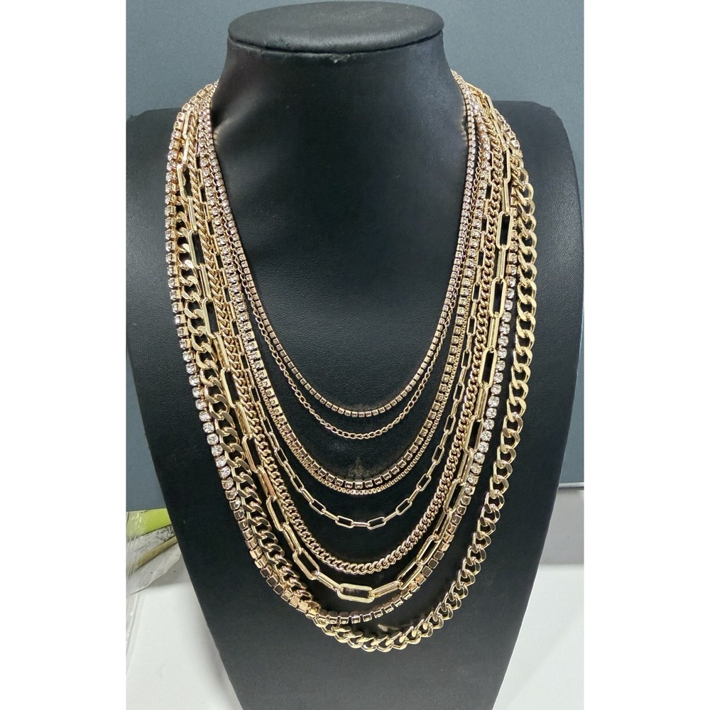 Gold Tone Multi Strand Layered Chain Necklace Rhinestone Statement 24" - Picture 3 of 11
